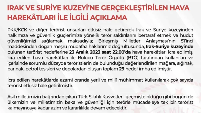 TSK bölücü terör örgütünün 29 hedefini imha etti