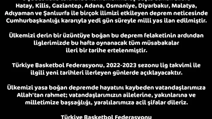 Türkiye Basketbol Federasyonu, maçların ertelendiğini duyurdu