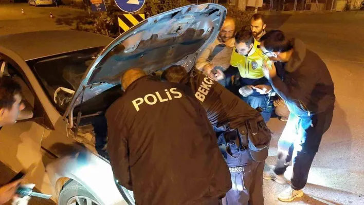 Uygulamada durdurdukları otomobilin motorundan kedi kurtardılar