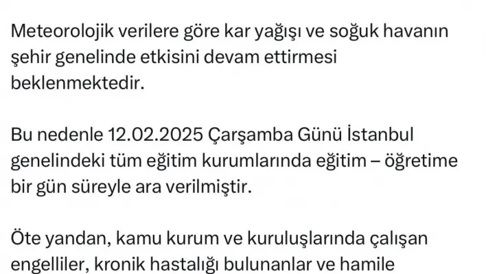 Vali Gül açıkladı: İstanbul'da yarın okullar tatil