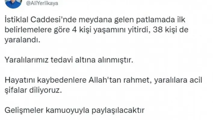 Vali Yerlikaya: '(Taksim'de patlama) 4 kişi yaşamını yitirdi, 38 kişi yaralandı'