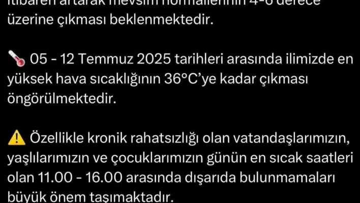 Valilik hava sıcaklıları hususunda uyardı: Sıcaklık yarından itibaren 4-6 derece artacak