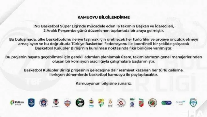 Frutti Extra Bursaspor: 'Basketbol Kulüpler Birliği'nin kurulması noktasında fikir birliğine varılmıştır'