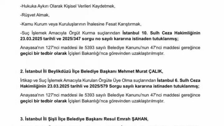 İçişleri Bakanlığı İmamoğlu'nun görevinden uzaklaştırıldığını ve Şişli Belediye Başkanı Şahan'ın yerine kayyum atandığını duyurdu