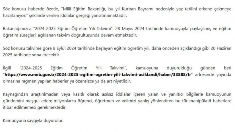MEB'den erken yaz tatili iddialarına yalanlama